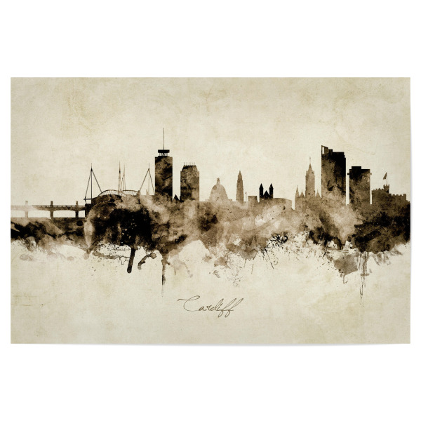 Poster "Cardiff Wales Skyline Sepia" artboxONE - Städte - Cardiff,Wales,Skyline,Cityscape,Stadtbild,Watercolor,Painting
