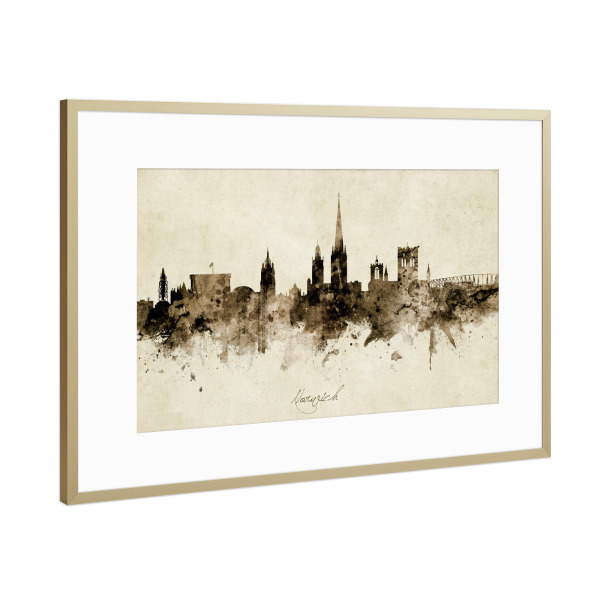 Poster mit Rahmen Gold "Norwich England Skyline Sepia" artboxONE - Städte - Norwich,England,Skyline,Cityscape,Stadtbild,Watercolor,Painting