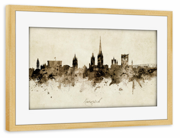 Poster mit Rahmen kiefer "Norwich England Skyline Sepia" artboxONE - Städte - Norwich,England,Skyline,Cityscape,Stadtbild,Watercolor,Painting
