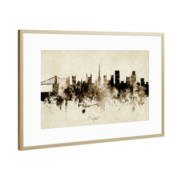 Poster mit Rahmen Gold "Bristol England Skyline Sepia" artboxONE - Städte - Bristol,England,Skyline,Cityscape,Stadtbild,Watercolor,Painting