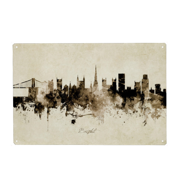 Metall Poster "Bristol England Skyline Sepia" artboxONE - Städte - Bristol,England,Skyline,Cityscape,Stadtbild,Watercolor,Painting - Blechschild