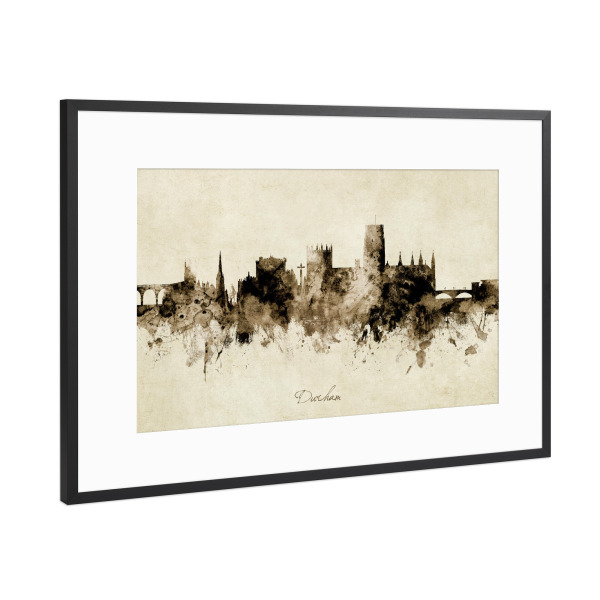 Poster mit Rahmen Schwarz (Metallic) "Durham England Skyline Sepia" artboxONE - Städte