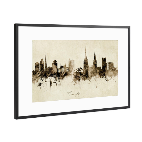 Poster mit Rahmen Schwarz (Metallic) "Coventry England Skyline Sepia" artboxONE - Städte