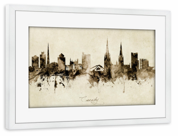 Poster mit Rahmen weiß "Coventry England Skyline Sepia" artboxONE - Städte - Coventry,England,Skyline,Cityscape,Stadtbild,Watercolor,Painting