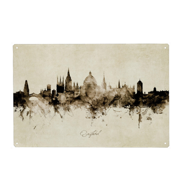Metall Poster "Oxford England Skyline Sepia" artboxONE - Städte - Oxford,England,Skyline,Cityscape,Stadtbild,Watercolor,Painting - Blechschild