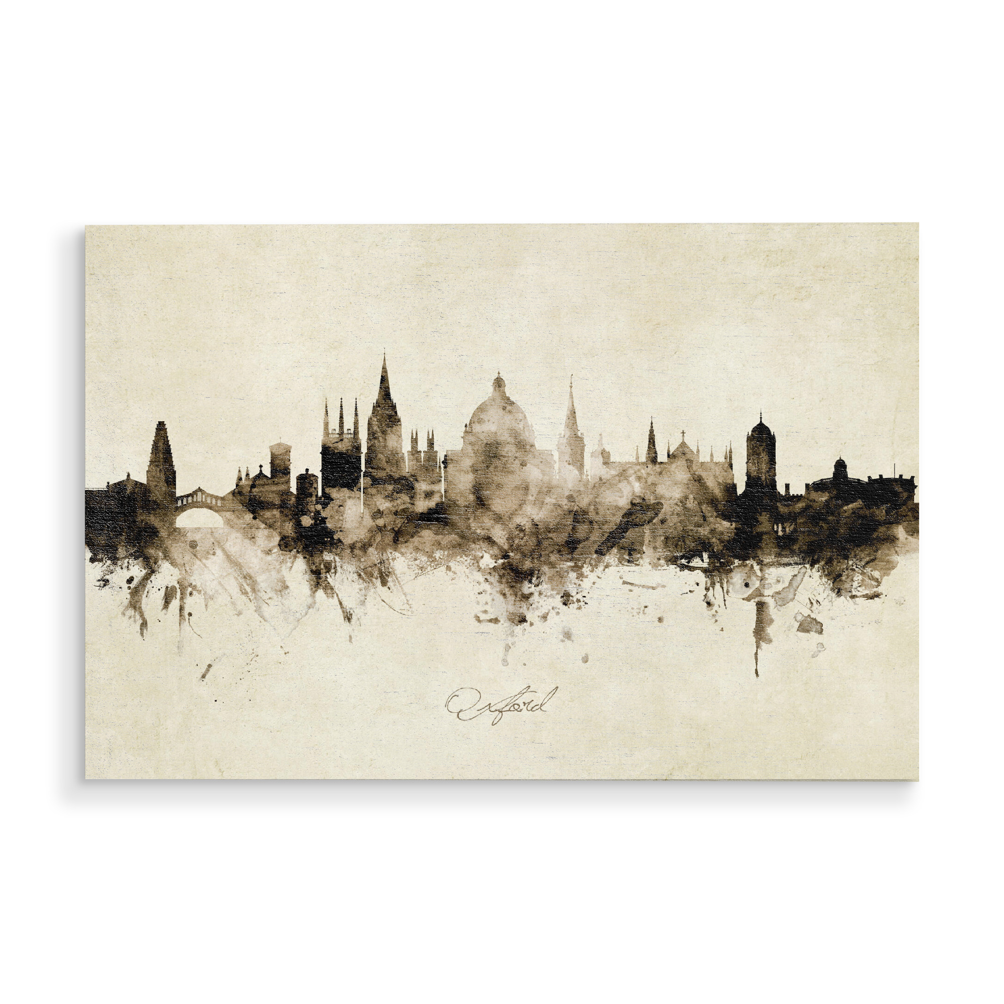 Holzbild "Oxford England Skyline Sepia" artboxONE - Städte - Oxford,England,Skyline,Cityscape,Stadtbild,Watercolor,Painting