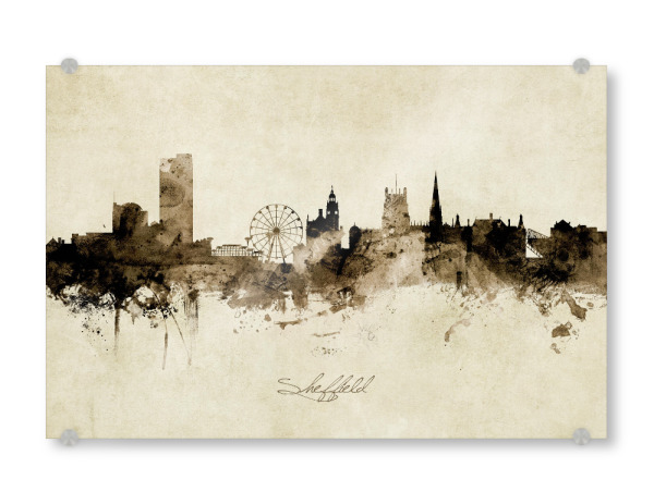 Acrylglasbild "Sheffield England Skyline Sepia" artboxONE - Städte - Sheffield,England,Skyline,Cityscape,Stadtbild,Watercolor,Painting