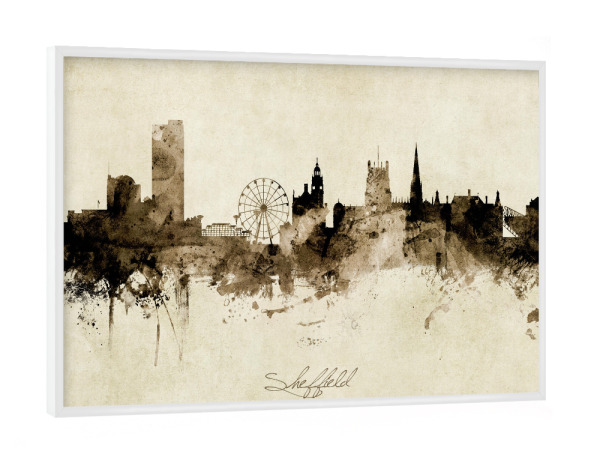 Poster mit weißem Rahmen "Sheffield England Skyline Sepia" artboxONE - Städte - Sheffield,England,Skyline,Cityscape,Stadtbild,Watercolor,Painting