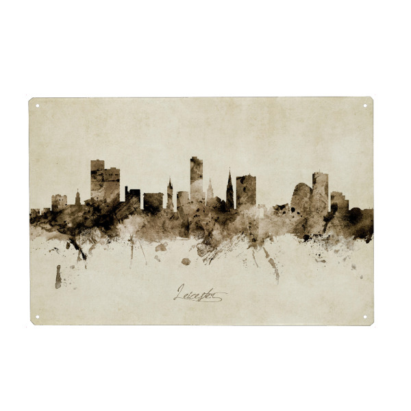 Holzbild "Leicester England Skyline Sepia" artboxONE - Städte - Leicester,England,Skyline,Cityscape,Stadtbild,Watercolor,Painting