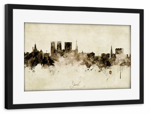 Poster mit Rahmen schwarz "York England Skyline Sepia" artboxONE - Städte - York,England,Skyline,Cityscape,Stadtbild,Watercolor,Painting