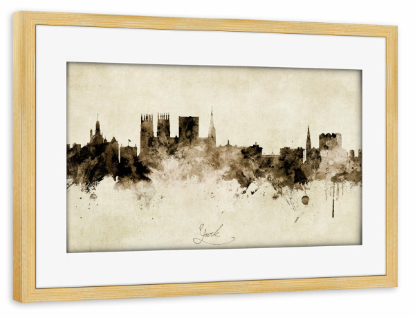 Poster mit Rahmen kiefer "York England Skyline Sepia" artboxONE - Städte - York,England,Skyline,Cityscape,Stadtbild,Watercolor,Painting
