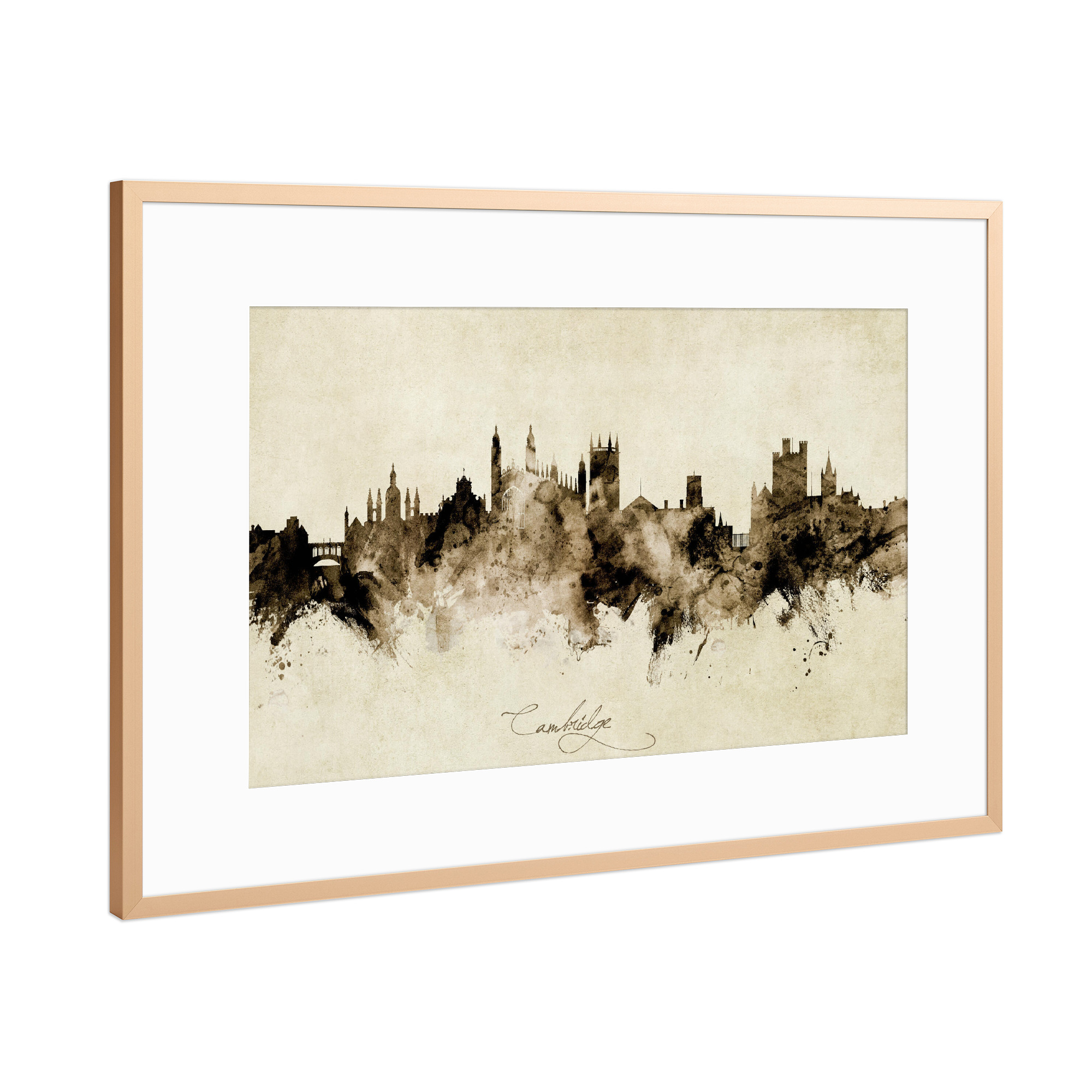 Poster mit Rahmen Kupfer "Cambridge England Skyline Sepia" artboxONE - Städte - Cambridge,England,Skyline,Cityscape,Stadtbild,Watercolor,Painting