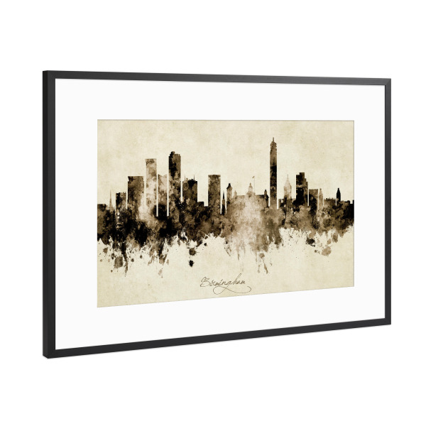 Poster mit Rahmen Schwarz (Metallic) "Birmingham England Skyline Sepia" artboxONE - Städte