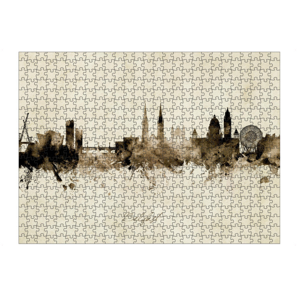 Puzzle Ravensburger "Belfast N Ireland Skyline Sepia" artboxONE - Städte - Belfast,Northern ireland,Skyline,Cityscape,Stadtbild,Watercolor,Painting