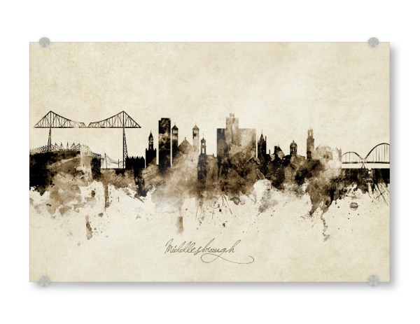 Acrylglasbild "Middlesbrough Skyline Sepia" artboxONE - Städte - Middlesbrough,England,Skyline,Cityscape,Stadtbild,Watercolor,Painting
