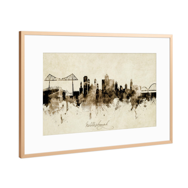 Poster mit Rahmen Kupfer "Middlesbrough Skyline Sepia" artboxONE - Städte - Middlesbrough,England,Skyline,Cityscape,Stadtbild,Watercolor,Painting