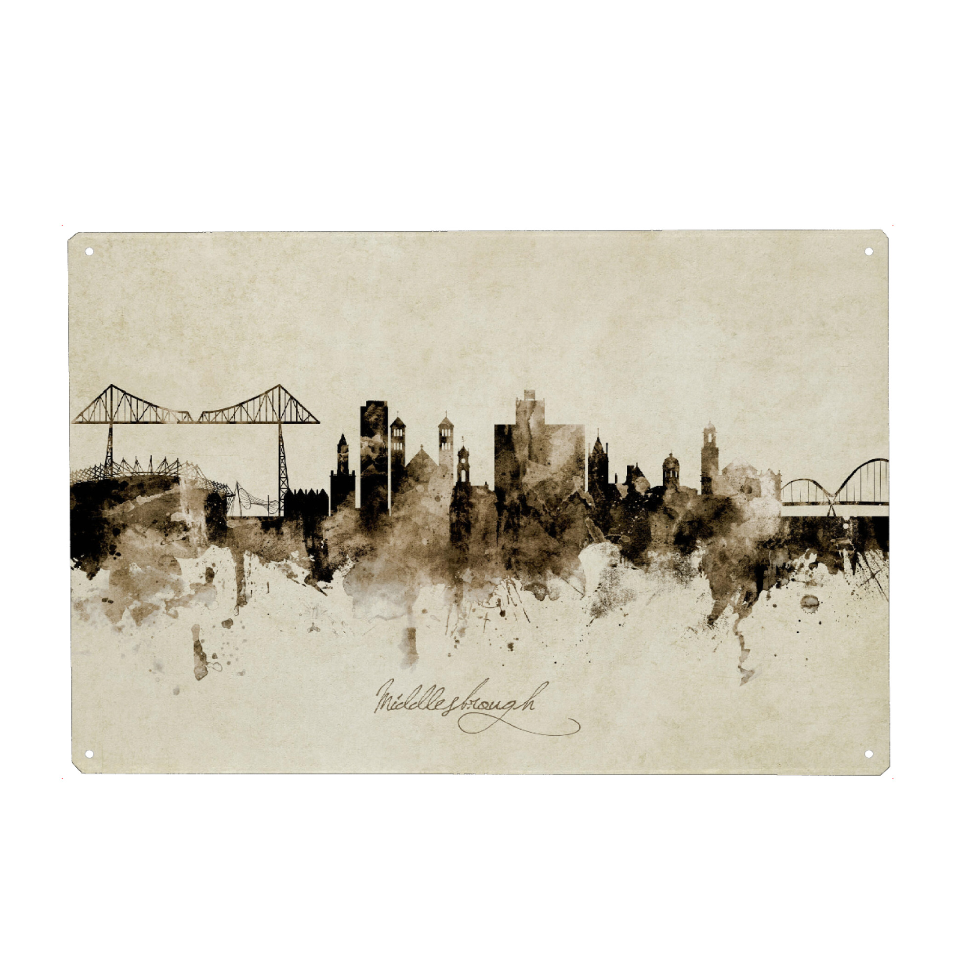 Holzbild "Middlesbrough Skyline Sepia" artboxONE - Städte - Middlesbrough,England,Skyline,Cityscape,Stadtbild,Watercolor,Painting