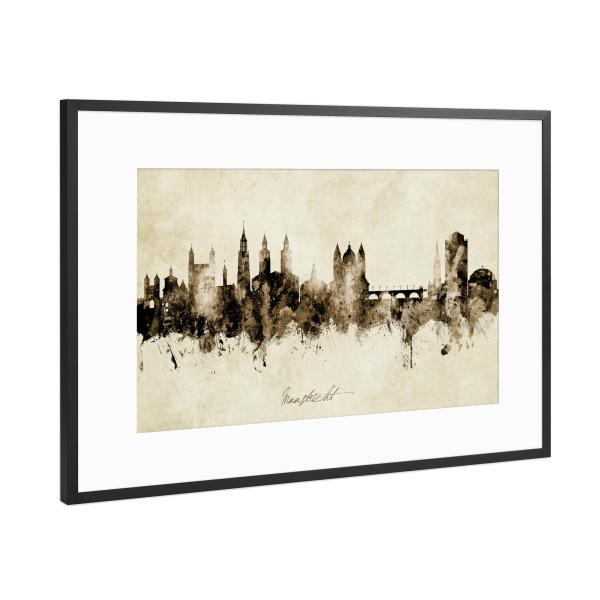 Poster mit Rahmen Schwarz (Metallic) "Maastricht Skyline Sepia" artboxONE - Städte