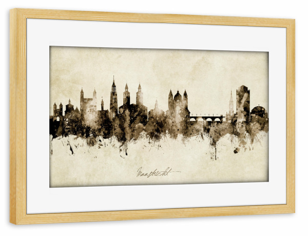 Poster mit Rahmen kiefer "Maastricht Skyline Sepia" artboxONE - Städte - Maastricht,Netherlands,Skyline,Cityscape,Stadtbild,Watercolor,Painting