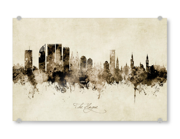 Acrylglasbild "The Hague Skyline Sepia" artboxONE - Städte - The hague,Netherlands,Skyline,Cityscape,Stadtbild,Watercolor,Painting
