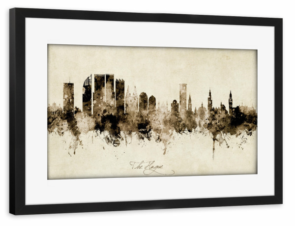 Poster mit Rahmen schwarz "The Hague Skyline Sepia" artboxONE - Städte - The hague,Netherlands,Skyline,Cityscape,Stadtbild,Watercolor,Painting