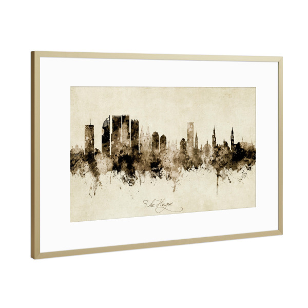Poster mit Rahmen Gold "The Hague Skyline Sepia" artboxONE - Städte - The hague,Netherlands,Skyline,Cityscape,Stadtbild,Watercolor,Painting