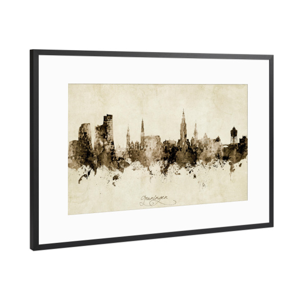Poster mit Rahmen Schwarz (Metallic) "Groningen Skyline Sepia" artboxONE - Städte