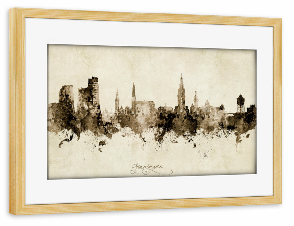 Poster mit Rahmen kiefer "Groningen Skyline Sepia" artboxONE - Städte - Groningen,Netherlands,Skyline,Cityscape,Stadtbild,Watercolor,Painting