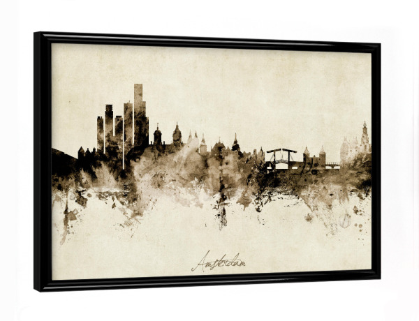 Poster mit schwarzem Rahmen "Amsterdam Skyline Sepia" artboxONE - Städte / Amsterdam