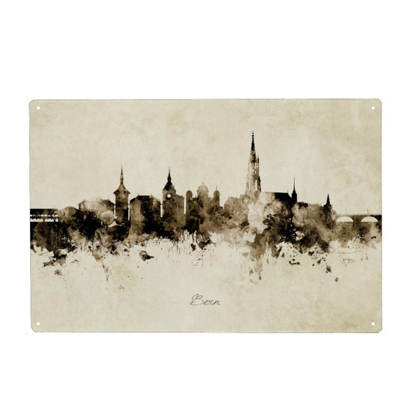 Holzbild "Bern Switzerland Skyline Sepia" artboxONE - Städte - Bern,Switzerland,Skyline,Cityscape,Stadtbild,Watercolor,Painting