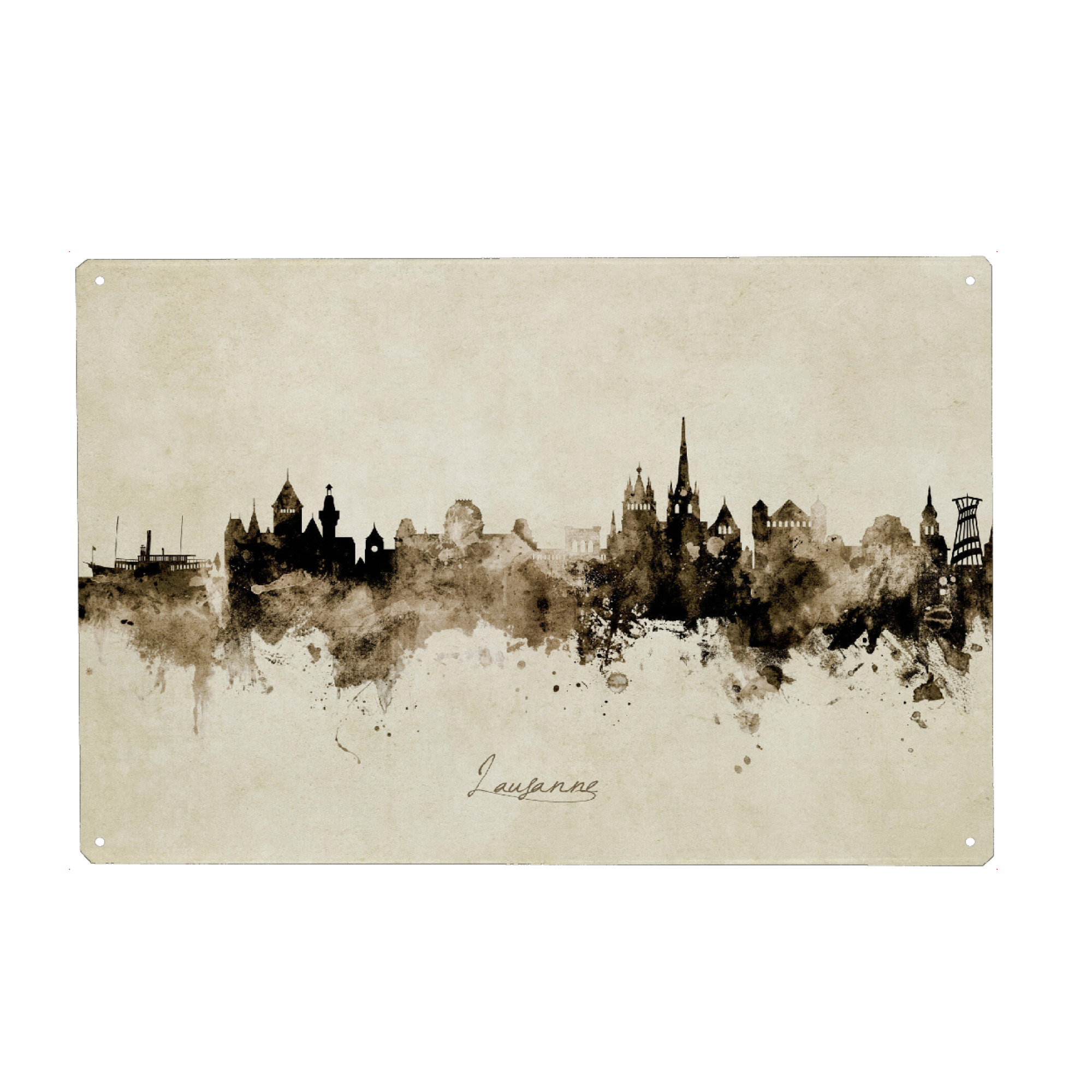 Holzbild "Lausanne Switzerland Skyline Sepia" artboxONE - Städte - Lausanne,Switzerland,Skyline,Cityscape,Stadtbild,Watercolor,Painting