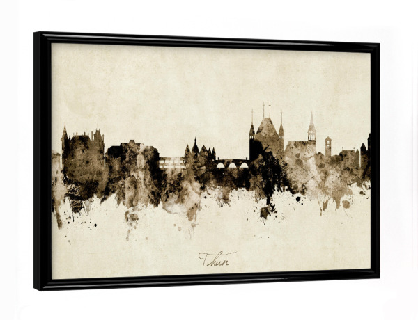 Poster mit schwarzem Rahmen "Thun Switzerland Skyline Sepia" artboxONE - Städte - Thun,Switzerland,Skyline,Cityscape,Stadtbild,Watercolor,Painting