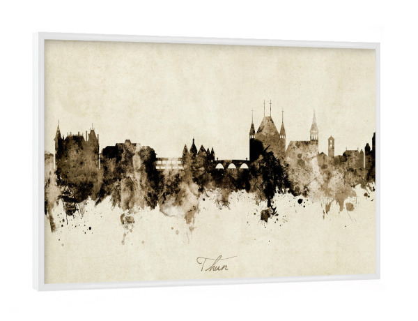 Poster mit weißem Rahmen "Thun Switzerland Skyline Sepia" artboxONE - Städte - Thun,Switzerland,Skyline,Cityscape,Stadtbild,Watercolor,Painting