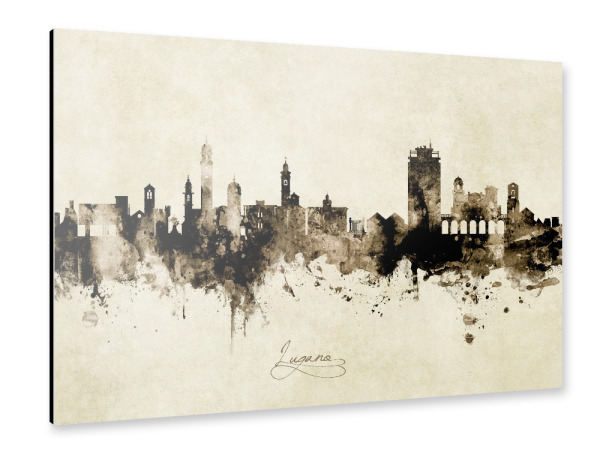 Alu-Dibond "Lugano Switzerland Skyline Sepia" 30x20 cm artboxONE