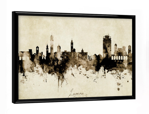 Poster mit schwarzem Rahmen "Lugano Switzerland Skyline Sepia" artboxONE - Städte