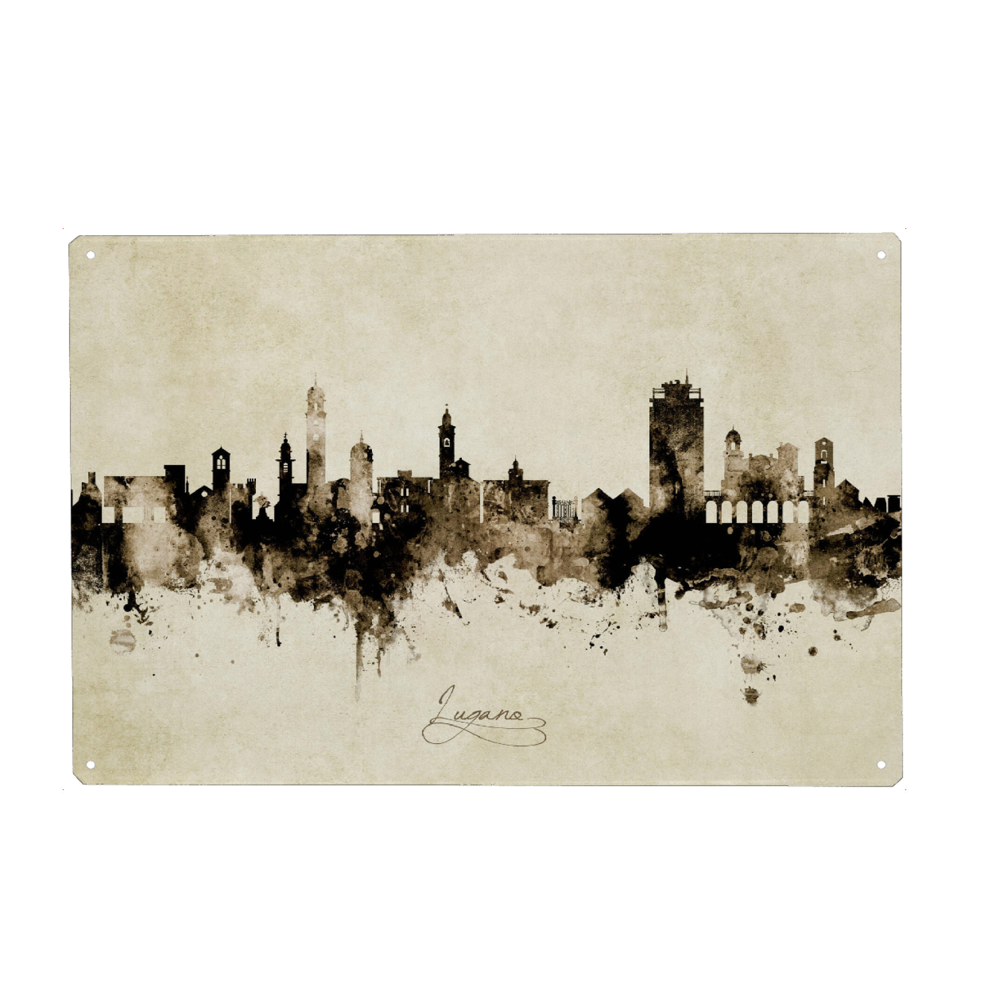 Holzbild "Lugano Switzerland Skyline Sepia" artboxONE - Städte - Lugano,Switzerland,Skyline,Cityscape,Stadtbild,Watercolor,Painting