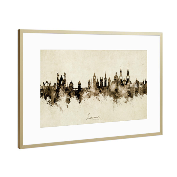 Poster mit Rahmen Gold "Lucerne Switzerland Skyline Sepia" artboxONE - Städte - Lucerne,Switzerland,Skyline,Cityscape,Stadtbild,Watercolor,Painting