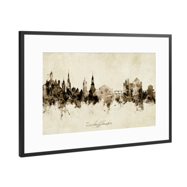 Poster mit Rahmen Schwarz (Metallic) "Schaffhausen Skyline Sepia" artboxONE - Städte