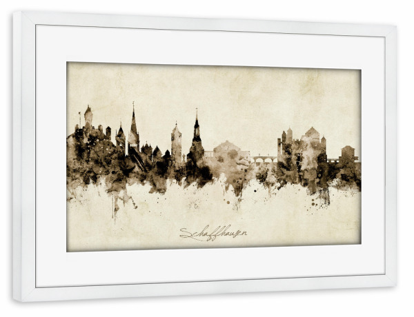 Poster mit Rahmen weiß "Schaffhausen Skyline Sepia" artboxONE - Städte - Schaffhausen,Switzerland,Skyline,Cityscape,Stadtbild,Watercolor,Painting