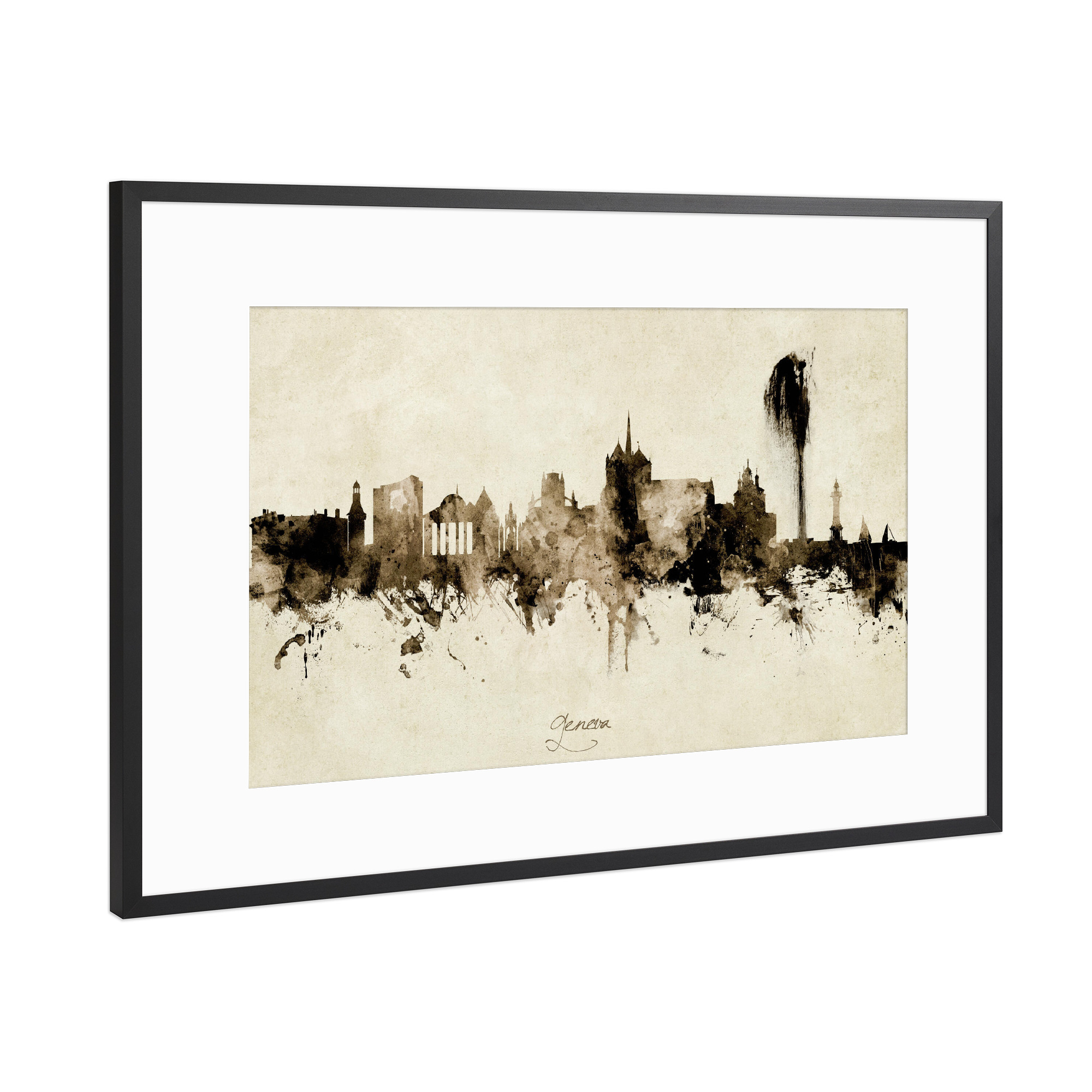 Poster mit Rahmen Schwarz (Metallic) "Geneva Switzerland Skyline Sepia" artboxONE - Städte