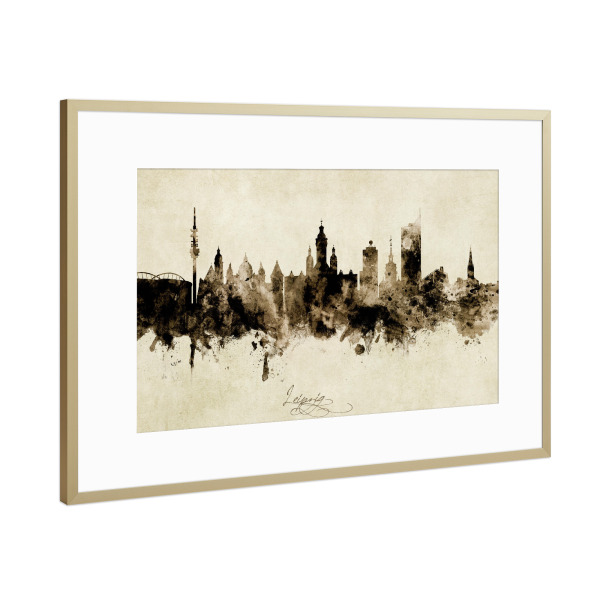 Poster mit Rahmen Gold "Leipzig Germany Skyline Sepia" artboxONE - Städte - Leipzig,Deutschland,Skyline,Cityscape,Stadtbild,Watercolor,Painting