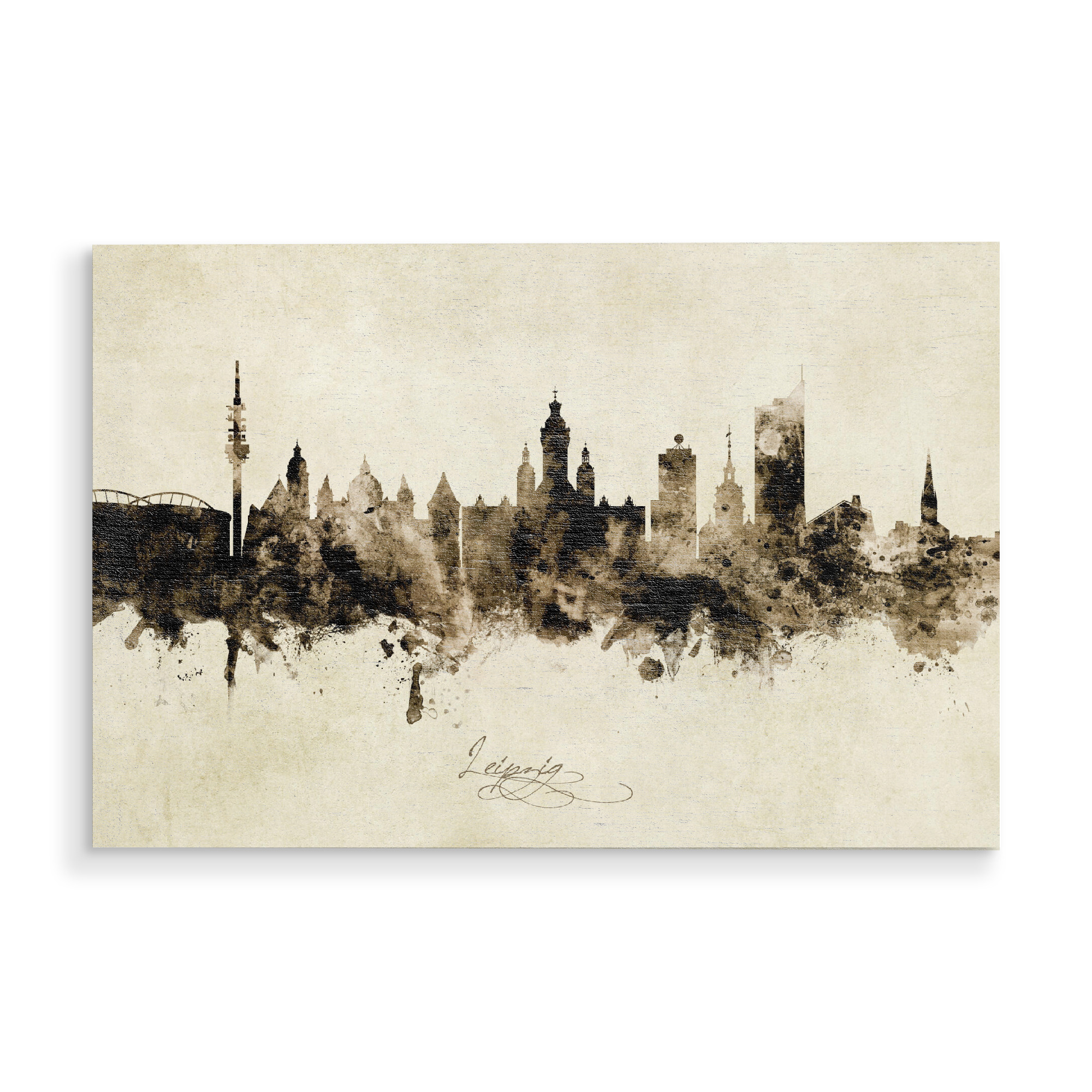 Holzbild "Leipzig Germany Skyline Sepia" artboxONE - Städte - Leipzig,Deutschland,Skyline,Cityscape,Stadtbild,Watercolor,Painting
