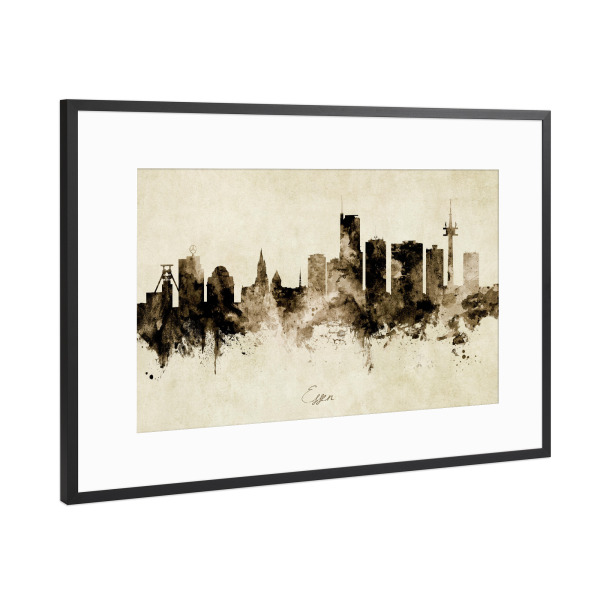 Poster mit Rahmen Schwarz (Metallic) "Essen Germany Skyline Sepia" artboxONE - Städte