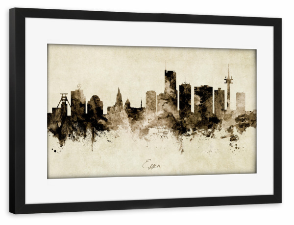 Poster mit Rahmen schwarz "Essen Germany Skyline Sepia" artboxONE - Städte - Essen,Deutschland,Skyline,Cityscape,Stadtbild,Watercolor,Painting