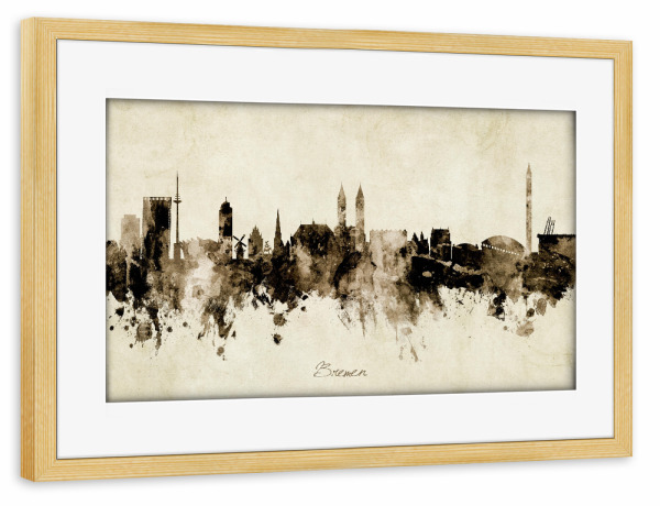Poster mit Rahmen kiefer "Bremen Germany Skyline Sepia" artboxONE - Städte - Bremen,Deutschland,Skyline,Cityscape,Stadtbild,Watercolor,Painting