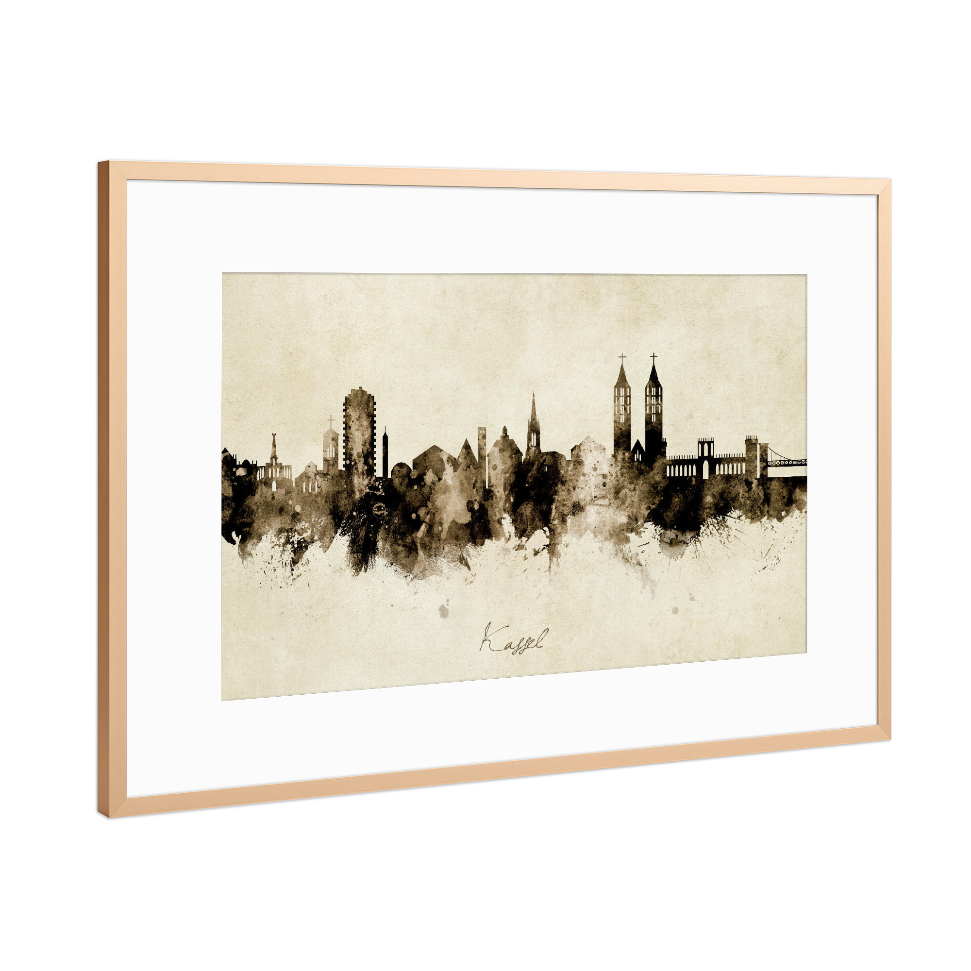 Poster mit Rahmen Kupfer "Kassel Germany Skyline Sepia" artboxONE - Städte - Kassel,Deutschland,Skyline,Cityscape,Stadtbild,Watercolor,Painting
