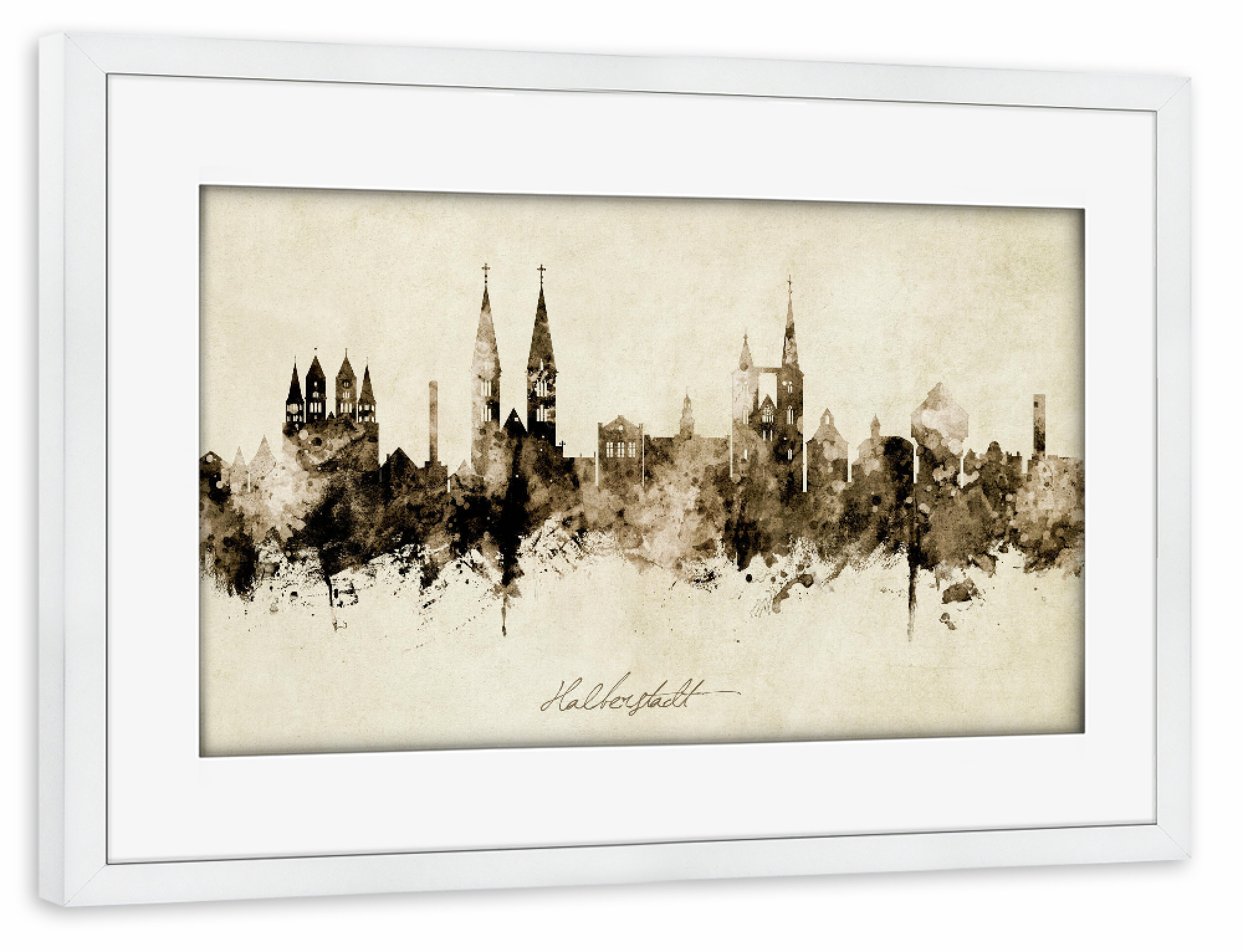 Poster mit Rahmen weiß "Halberstadt Germany Skyline Sepia" artboxONE - Städte