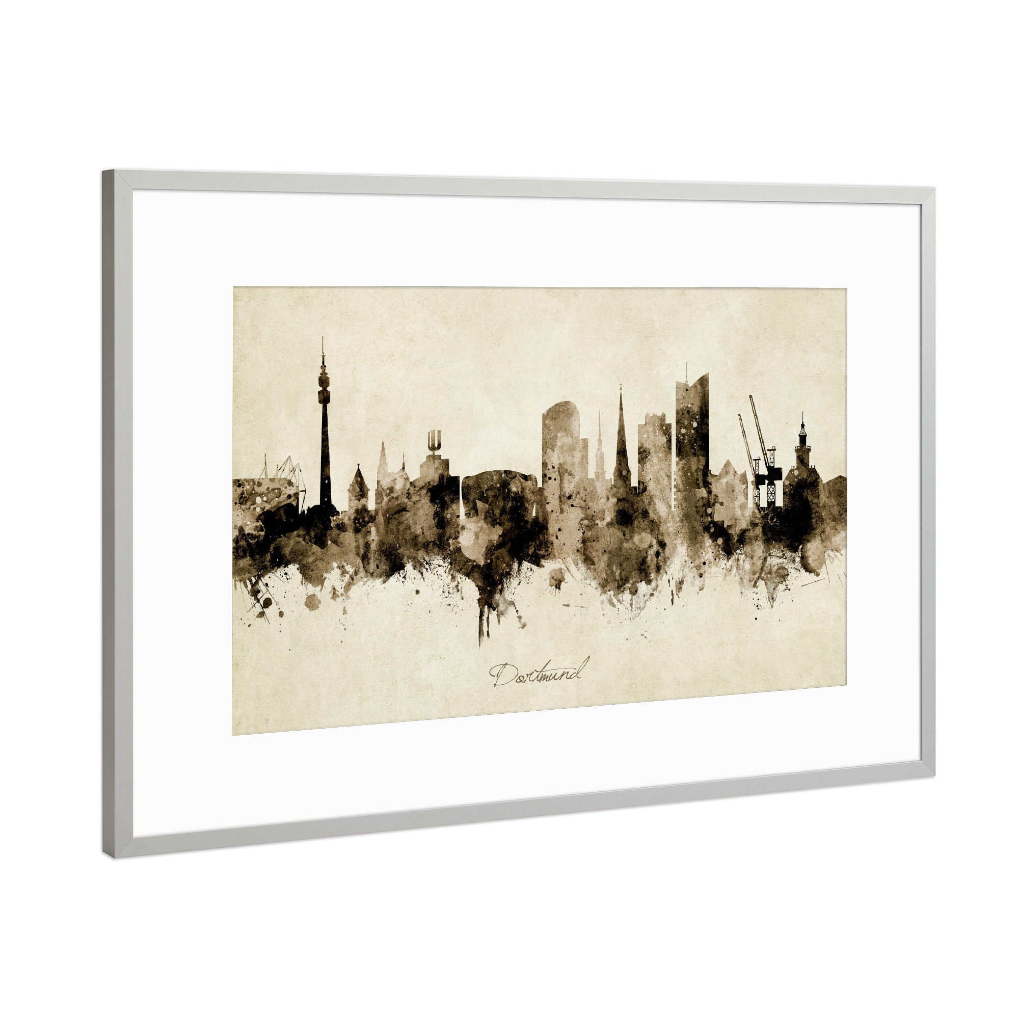 Poster mit Rahmen Silber "Dortmund Germany Skyline Sepia" artboxONE - Städte - Dortmund,Deutschland,Skyline,Cityscape,Stadtbild,Watercolor,Painting
