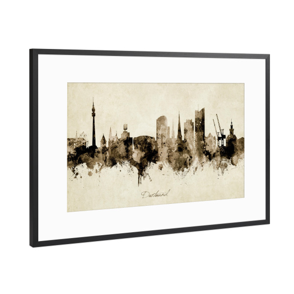 Poster mit Rahmen Schwarz (Metallic) "Dortmund Germany Skyline Sepia" artboxONE - Städte