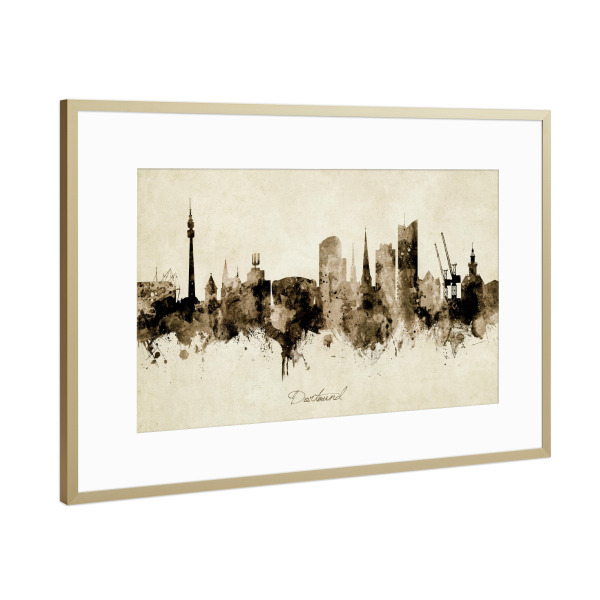 Poster mit Rahmen Gold "Dortmund Germany Skyline Sepia" artboxONE - Städte - Dortmund,Deutschland,Skyline,Cityscape,Stadtbild,Watercolor,Painting